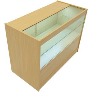 Monster shop Comptoir de Vente en mdf &Eacute;rable led Blancs Int&eacute;gr&eacute;s C1200 3 &Eacute;tag&egrave;res Portes Coulissantes Verouillables Rangement Commerciale Vitrine en Verre Acceuil