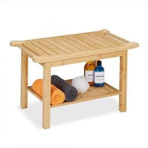 Relaxdays Tabouret de Bain en Bambou, Surface de Rangement & poignées, H x L x P: 45 x 75 x 40,5 cm, 2 Personnes, Nature