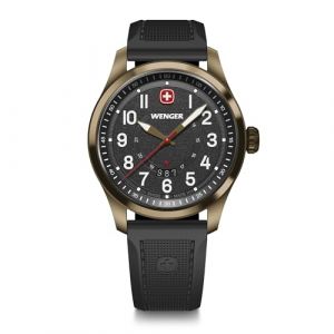 Wenger Montre pour Homme Terragraph Analogique Quartz, Ø 43 mm, Swiss Made, Étanche jusqu'à 100 m, Noir/Bronze, Bracelet en Silicone, 01.0541.124