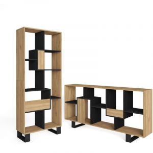 Skraut Home - &Eacute;tag&egrave;re Biblioth&egrave;que, &Eacute;tag&egrave;re de Rangement, 67x31x174cm, Design industriel, Style moderne, Ch&ecirc;ne et noir