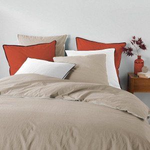 Housse de couette et deux taies coton lavé (240 cm) Linette Beige