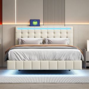 Lit adulte 140x200 cm, lit adulte led, lit capitonné beige avec tête de lit, en lin beige doux pour la peau, sans matelas