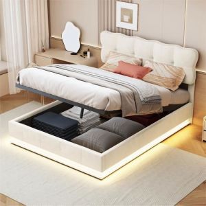 Lit Coffre 160x200cm - Cadre de Lit Double led avec Sommier à Lattes et Tête de Lit Doux - en Tissu Velours - Beige