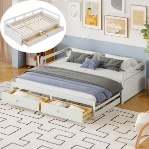 Lit gigogne avec tiroirs - 2 places - 2 couchages 90x200cm - Sommier &agrave; lattes - Bois massif - Blanc