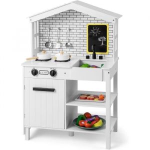 Costway Cuisine Enfants Avec Tableau Noir, Belles Fenêtres, Espace De Rangement, Accessoires Riches, Cadeau Pour Enfants De 3 Ans+