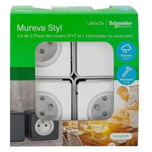 Schneider Electric 3 prises avec terre + 1 interrupteur va-et-vient Mureva Styl blanc, lot