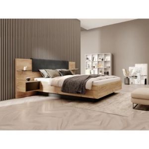 Lit avec chevets 160 x 200 cm - Avec LEDs - Coloris : Naturel et anthracite + Sommier + Matelas - ELYNIA