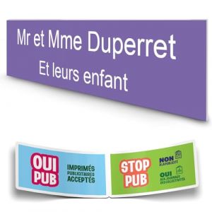 Plaque boite aux lettres format Decayeux (100x25mm) violette lettres blanches - 2 lignes - Plaque violette - Lettre blanches