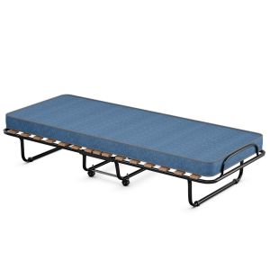 Lit d'appoint avec matelas, Coast, Pliable, Mousse à mémoire de forme, Cadre métallique avec roues, 190 x 80 x 33 cm, noir/bleu