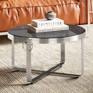 M&S Table basse ronde 60x60x34 cm en verre noir et argent