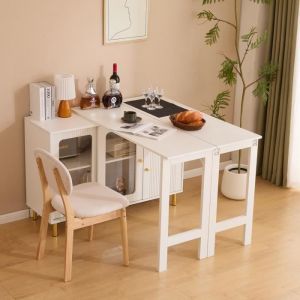 Fortuna Lai - Table extensible piable avec buffet 122x40x82cm - pieds en métal doré, portes coulissantes en verre, étagères réglables - blanc