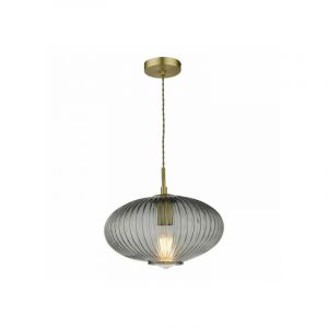 Lumiere Suspension Edmond Verre Laiton antique,vitrage c&ocirc;tel&eacute; fum&eacute; 1 ampoule 24,5cm - Verre