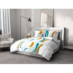 Home Linge Passion, Housse de Couette - 3 Pièces, 100% Coton - 57 Fils, 2 Personnes - 220x240 cm, Atoll Turquoise-Orange Blanc