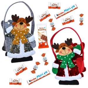 Lot de 2 paniers feutrines Renne Rouge et Gris à sequin garnis de 30 chocolats Kinder SchokoBons, mini Bueno, Maxi et Country