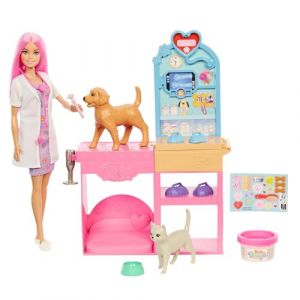 Mattel Coffret La Clinique vétérinaire de avec poupée aux cheveux roses, mobilier de cabinet vétérinaire et plus de 10 accessoires, JFX93