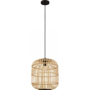 Eglo Suspension luminaire Bordesley, plafonnier suspendue bohème, lampe de salle à manger, lustre salon en acier en noir et boisnaturel, douille E27, Ø 34 cm
