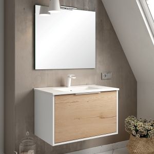 Meuble de salle de bain 80cm simple vasque - 1 façade et 2 tiroirs - Blanc/Roble - alba