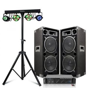 Ibiza Sound Pack Sono 3600W Total - Ampli AMP1000-MKII 2x800W - 2 Enceintes 1000W - Pack 4 Jeux de Lumière DJLIGHT60 - Pied Support