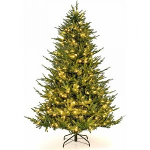 COSTWAY Sapin de Noël Artificiel 135cm 180 Lumières LED Blanc Chaud,8 Modes d'Eclairage 386 Branches en PE et PVC Décoration de Noël