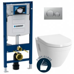 Geberit Pack WC Bâti-support UP320 + WC suspendu Vitra S50 + Abattant softclose + Plaque Chrome mat (GebS50Softclose-Q)