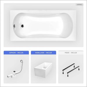 Baignoire rectangulaire - 140 x 70 cm - avec Habillage Polystyrène - Pieds - Vidage Chrome - ARIA