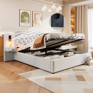 Lit coffre capitonné double 180 x 200 cm avec tête de lit intégrée, port usb, 2 lampes de chevet, beige, sans matelas