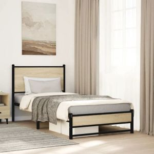VidaXL Cadre de lit en m&eacute;tal avec t&ecirc;te de lit ch&ecirc;ne sonoma 90x190 cm, lit simple, meuble de chambre &agrave; coucher, lit d'invit&eacute;, 4007878