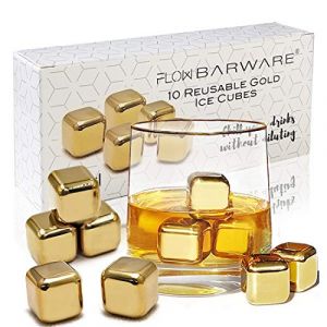 10 x pierres à whisky dorées en acier inoxydable glaçons en métal réutilisables pour whisky, vin, gin et boissons toniques