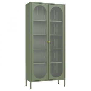 Happy Garden Armoire en m&eacute;tal vert kaki et verre 180cm YASMINE