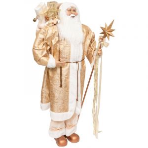 Grand P&egrave;re No&euml;l en habit dor&eacute; fourrure blanche H 120 cm