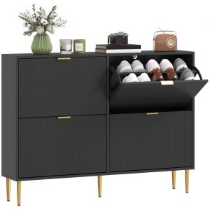 Homcom Meuble &agrave; chaussures - 20 paires - 4 tiroirs rabattables, portes cannel&eacute;es, &eacute;tag&egrave;res r&eacute;glables - MDF - 105x24x91,5cm - noir