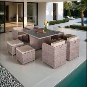 Mes Table et fauteuils de jardin encastrables en r&eacute;sine tress&eacute;e 8 places KUBO