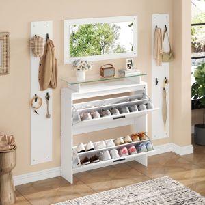 Ensemble vestiaire d'entrée - 2 porte-manteaux et 1 meuble à chaussures - Avec miroir et 8 patères - Blanc