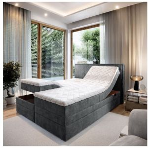 Image de Lit adulte 200x200 POSITANO - ensemble relaxation &eacute;lectrique, matelas ressorts ensach&eacute;s, rangement, surmatelas en tissu gris fonc&eacute;