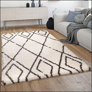 Tapis Shaggy Tapis De Salon Shaggy Poil Long Motif Diamant Scandinave Moderne 200 cm carré, Crème 7 - Paco Home