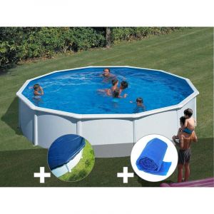 Gre Kit piscine acier blanc Fidji ronde 5,70 x 1,22 m + Bâche hiver + Bâche à bulles