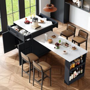 Buffet (133-202) x 70 x 93,5 cm, commode, 2 tiroirs, avec bar escamotable, table à manger, meuble de cuisine, mdf, noir