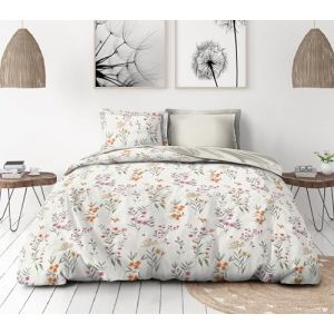 Parure de Couette 240x260 cm &ndash; 3 pi&egrave;ces &ndash; Percale de Coton Douce &ndash; Housse + taies &ndash; Blanc cass&eacute; &ndash; Mod&egrave;le La flamboyante