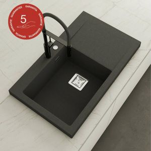 Evier à encastrer POALGI, KOBUS 813, Granit, Noir Basalt, 86 cm, 1 bac 1 égouttoir gauche