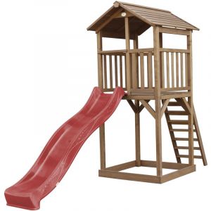 Axi Beach Tower Aire de Jeux avec Toboggan en rouge & Bac à Sable - Grande Maison enfant extérieur en marron - Cabane de Jeu en Bois