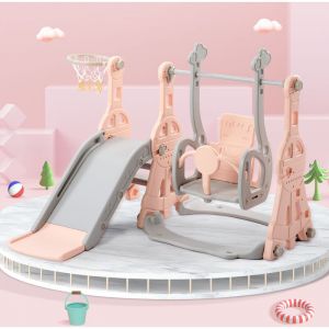 Toboggan pour enfants 4 en 1 - Convient pour l'intérieur et l'extérieur - avec balançoire, panier de basket, toboggan, échelle - Rose