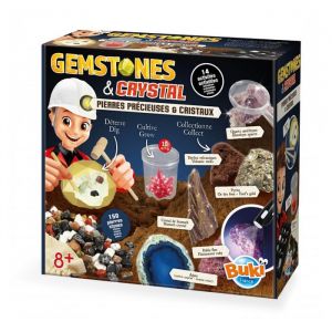 Buki France Coffret Pierres Pr&eacute;cieuses et Cristaux &ndash; Kit D&eacute;couverte Enfants 8+ avec 27 Pierres Authentiques, Exp&eacute;riences Scientifiques, Cristaux &agrave; Faire Pousser, Loupe et Notice Illustr&eacute;e