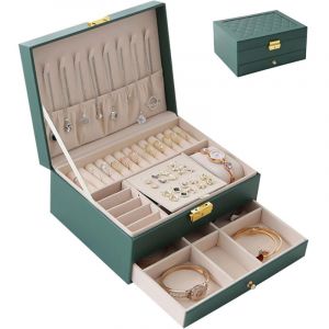 Boîte à Bijoux pour Femme 2 Couches Rangement Bijoux Verrouillable avec Clé en Cuir Imperméable pour Filles Femmes Colliers Montres