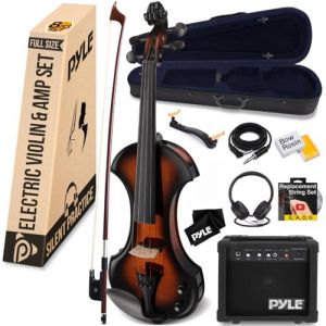 Pyle Violon &Eacute;lectrique Taille Compl&egrave;te &ndash; Violon en Bois Massif 4/4 avec Ensemble Amplificateur, &Eacute;tui en Mousse, Accessoires en &Eacute;b&egrave;ne, Archet en Bois Br&eacute;silien, Cordes Suppl&eacute;mentaires
