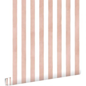 Papier peint ray&eacute; rose terracotta et blanc Estahome