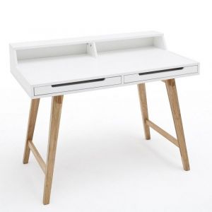 Image de Inside75 Bureau style scandinave THEA blanc et hêtre 2 tiroirs 2 niches - blanc