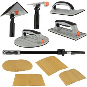Kit pon&ccedil;age plaquiste avec perche t&eacute;lescopique 1,2m - Ponceuse angle - circulaire - rectangulaire - d&eacute;tail - Feuilles abrasives