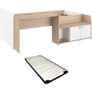 Lit combin&eacute; 90 x 190/200 cm - Coloris : Naturel et blanc + Sommier - MIVONA