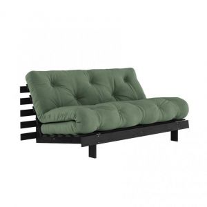 Canapé convertible futon ROOTS pin laqué noir matelas 160 x 200 cm coloris vert olive