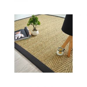 Image de Décoweb Tapis Jonc de mer - Assam chevron - Ganse coton noire - 250 x 350 cm